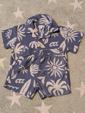 Blue and White Tropical Terry Cloth Two-Piece Set